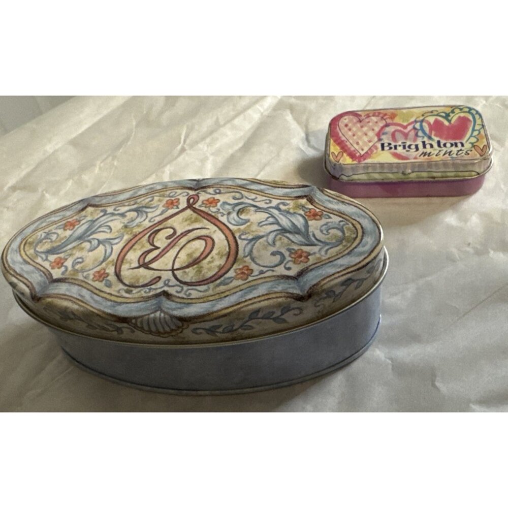 2 PC Brighton Jewelry Gift Box Metal Floral Tin Oval & Mint Box Empty Storage - Picture 2 of 8